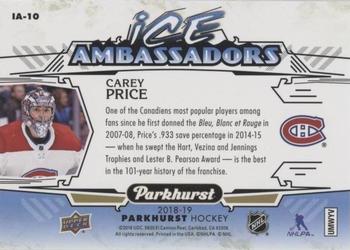 2018-19 Parkhurst - Ice Ambassadors #IA-10 Carey Price Back