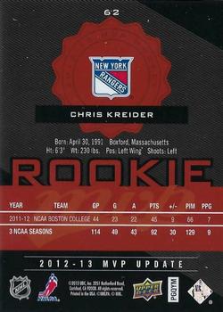 2012-13 SP Authentic - 2012-13 Upper Deck MVP Rookie Updates #62 Chris Kreider Back