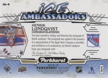 2018-19 Parkhurst - Ice Ambassadors Signatures #IA-4 Henrik Lundqvist Back