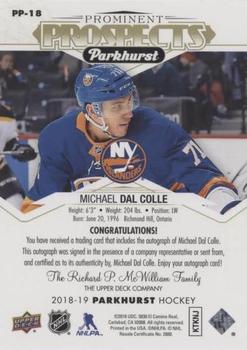2018-19 Parkhurst - Prominent Prospects Signatures Gold #PP-18 Michael Dal Colle Back