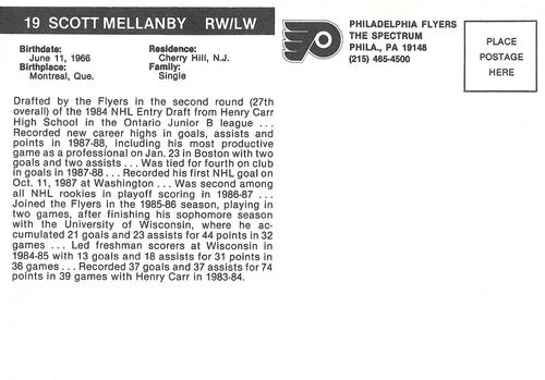 1988-89 Philadelphia Flyers Postcards #NNO Scott Mellanby Back