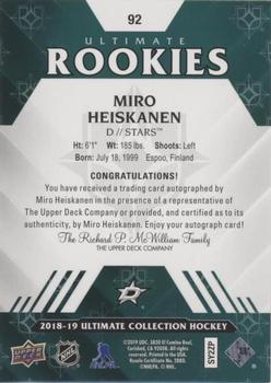 2018-19 Upper Deck Ultimate Collection #92 Miro Heiskanen Back