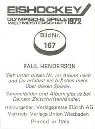 1972 Semic Eishockey OS-WM (Swiss) Stickers #167 Paul Henderson Back