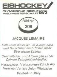 1972 Semic Eishockey OS-WM (Swiss) Stickers #208 Jacques Lemaire Back