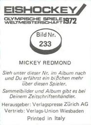 1972 Semic Eishockey OS-WM (Swiss) Stickers #233 Mickey Redmond Back