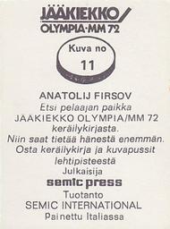 1972 Semic Jaakiekko Olympia-MM (Finnish) Stickers #11 Anatolij Firsov Back