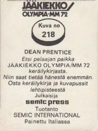 1972 Semic Jaakiekko Olympia-MM (Finnish) Stickers #218 Dean Prentice Back