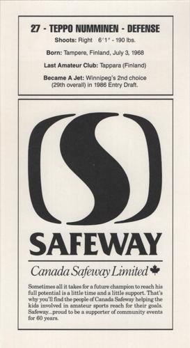 1989-90 Safeway Winnipeg Jets #NNO Teppo Numminen Back