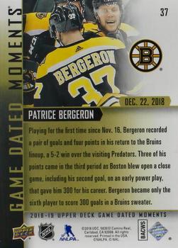 2018-19 Upper Deck Game Dated Moments #37 Patrice Bergeron Back