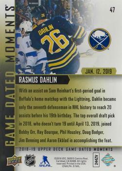 2018-19 Upper Deck Game Dated Moments #47 Rasmus Dahlin Back