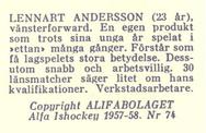 1957-58 Alfa Ishockey (Swedish) #74 Lennart Andersson Back