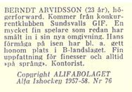 1957-58 Alfa Ishockey (Swedish) #76 Berndt Arvidsson Back