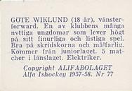 1957-58 Alfa Ishockey (Swedish) #77 Gote Wiklund Back
