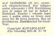 1957-58 Alfa Ishockey (Swedish) #78 Alf Schonberg Back