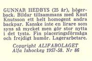 1957-58 Alfa Ishockey (Swedish) #86 Gunnar Hedbys Back