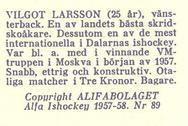 1957-58 Alfa Ishockey (Swedish) #89 Vilgot Larsson Back