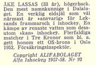 1957-58 Alfa Ishockey (Swedish) #92 Ake Lassas Back