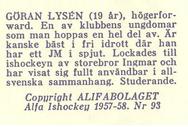 1957-58 Alfa Ishockey (Swedish) #93 Goran Lysen Back