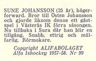 1957-58 Alfa Ishockey (Swedish) #99 Sune Johansson Back