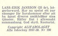 1957-58 Alfa Ishockey (Swedish) #100 Lars-Erik Jansson Back