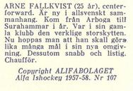 1957-58 Alfa Ishockey (Swedish) #107 Arne Fallqvist Back