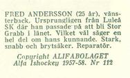 1957-58 Alfa Ishockey (Swedish) #112 Fred Andersson Back