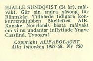1957-58 Alfa Ishockey (Swedish) #120 Hjalmar Sundqvist Back