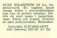 1957-58 Alfa Ishockey (Swedish) #121 Rune Holmstrom Back