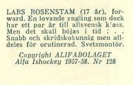 1957-58 Alfa Ishockey (Swedish) #128 Lars Rosenstam Back