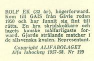 1957-58 Alfa Ishockey (Swedish) #129 Rolf Ek Back