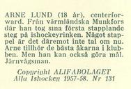 1957-58 Alfa Ishockey (Swedish) #131 Arne Lund Back
