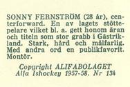 1957-58 Alfa Ishockey (Swedish) #134 Sonny Fernstrom Back