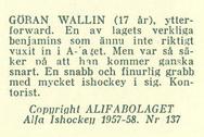 1957-58 Alfa Ishockey (Swedish) #137 Goran Wallin Back