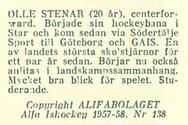 1957-58 Alfa Ishockey (Swedish) #138 Olle Stenar Back