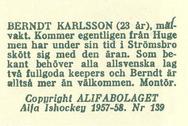 1957-58 Alfa Ishockey (Swedish) #139 Berndt Carlsson Back