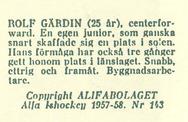 1957-58 Alfa Ishockey (Swedish) #143 Rolf Gardin Back