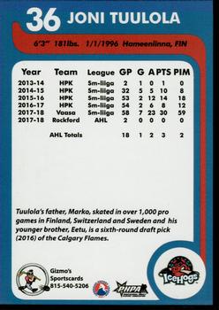 2018-19 Gizmo's Sportscards Rockford IceHogs (AHL) #NNO Joni Tuulola Back