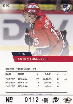 2018-19 Cardset Finland - Rookie Series 2 #RC 373 Anton Lundell Back