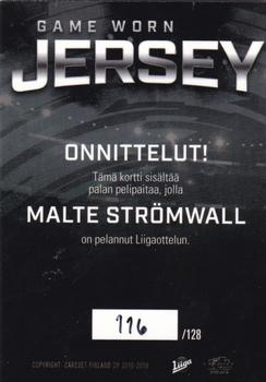 2018-19 Cardset Finland - Game Worn Jersey Series 2 Exchange #GWJ4 Malte Strömwall Back