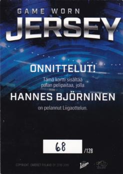 2018-19 Cardset Finland - Game Worn Jersey Series 2 Exchange #GWJ5 Hannes Björninen Back