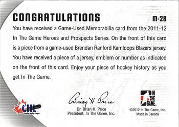 2015-16 In The Game Final Vault - 2011-12 In The Game Heroes and Prospects - Game-Used Jerseys Black (Blue Vault Stamp) #M-28 Brendan Ranford Back