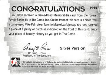2015-16 In The Game Final Vault - 2012-13 In The Game Forever Rivals Game Used Jerseys Silver (Green Vault Stamp) #M-14 Mike Palmateer Back