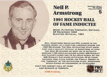 1991-92 Pro Set - 1991 NHL Hall of Fame Induction #5 Neil P. Armstrong Back