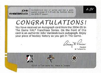 2015-16 In The Game Final Vault - 2004-05 In The Game Franchises Edition - Autographs (Black Vault Stamp) #A-JV John Vanbiesbrouck Back
