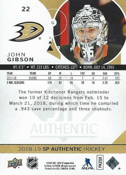 2018-19 SP Authentic #22 John Gibson Back