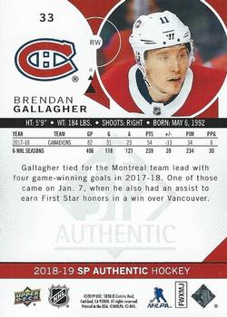 2018-19 SP Authentic #33 Brendan Gallagher Back