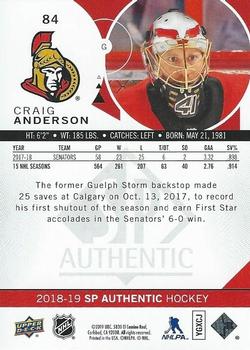 2018-19 SP Authentic #84 Craig Anderson Back