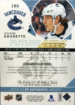 2018-19 SP Authentic #180 Adam Gaudette Back