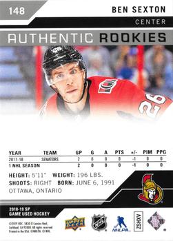 2018-19 SP Game Used - Authentic Rookies Rainbow #148 Ben Sexton Back