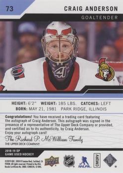 2018-19 SP Game Used - Blue Autographs #73 Craig Anderson Back